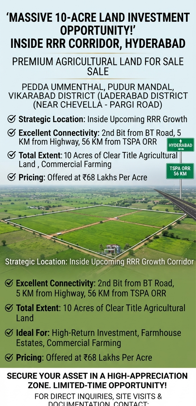 10 Acres of Agricultural Land for Sale Inside RRR Corridor, Pedda Ummenthal, Vikarabad in Pedda Ummenthal, Pudur Mandal (Near Chevella - Pargi Road)