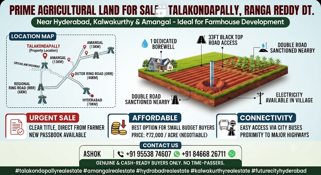 Fertile Agricultural Land for Sale in Talakondapally, Ranga Reddy District Slightly Negoshable Price in Talakondapally, near Amangal, Ranga Reddy District
