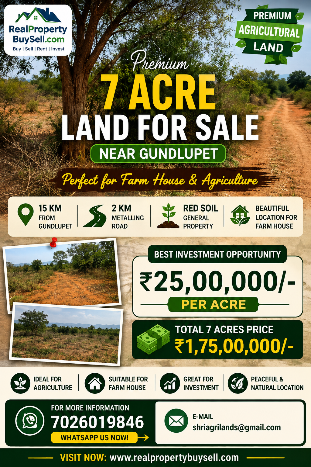 7 Acres Agricultural Land for Sale Near Gundlupet | Red Soil | Farm House Suitable in Karnataka