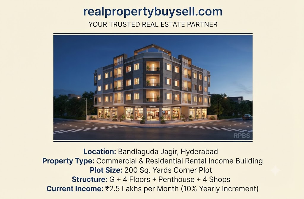 Prime Commercial & Residential Rental Income Building for Sale in Bandlaguda Jagir, Hyderabad | G+4 with 4 Shops & ₹2.5L Monthly Rent in Bandlaguda Jagir