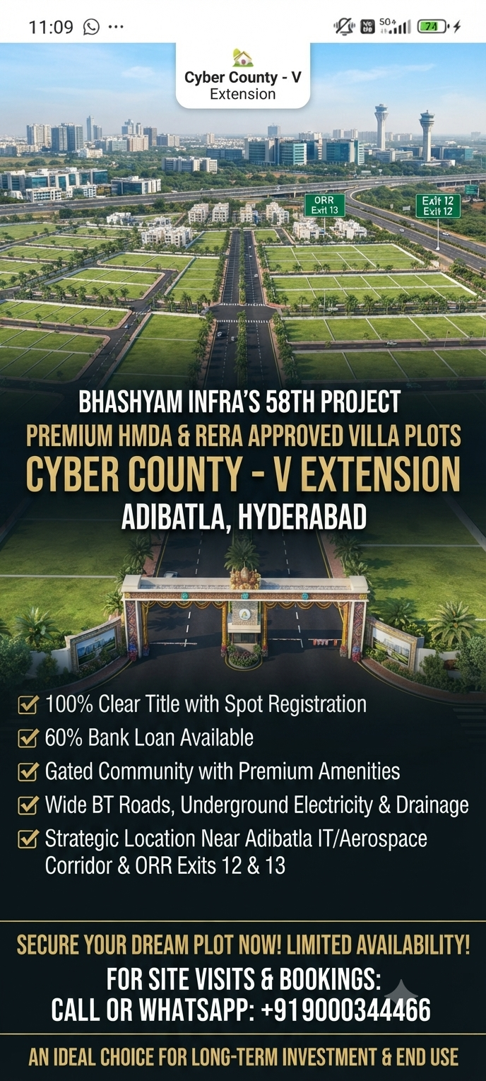HMDA & RERA Approved Villa Plots for Sale in Cyber County V Extension, Adibatla in Adibatla